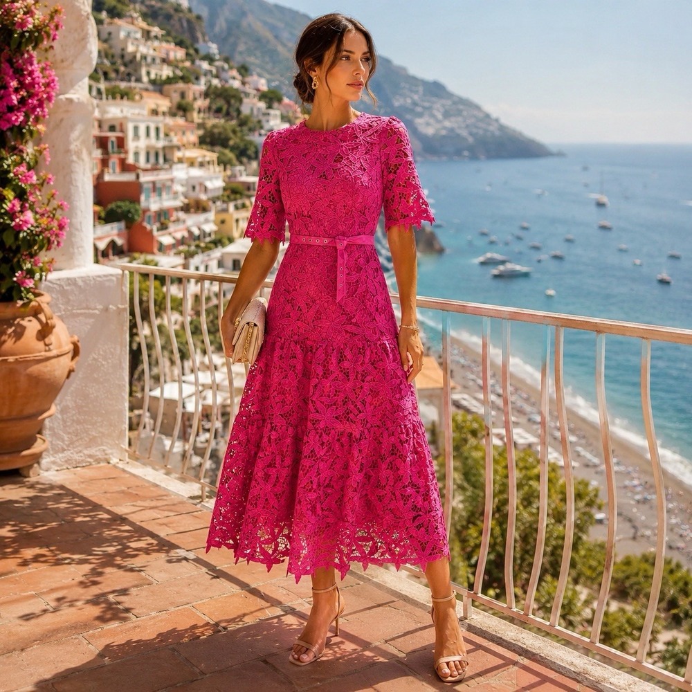 NWT Dalia MacPhee Guipure Lace Midi Dress Small Pink Fit Flare Tiered Dopamine